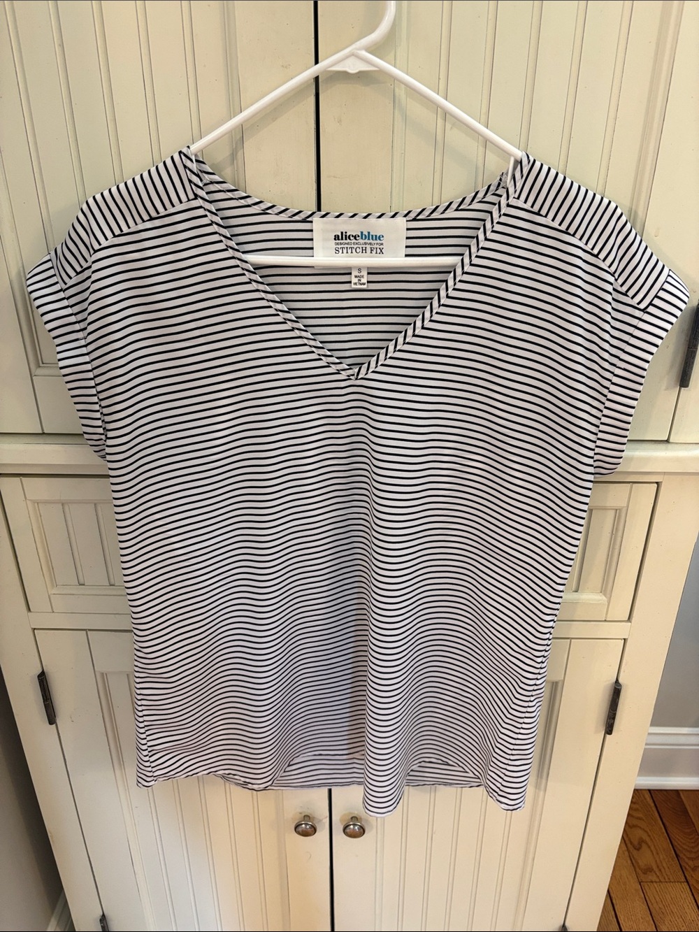 Alice Blue Black & White Striped V-Neck Short Sleeve Top